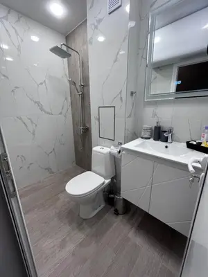 a bathroom with a toilet and a sink and a shower at Beautiful Apartment free Parking Garage in Plovdiv