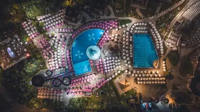 an overhead view of a building with a pool at Glass Domes - by The Wind Mills Hydropark in Gorna Malina
