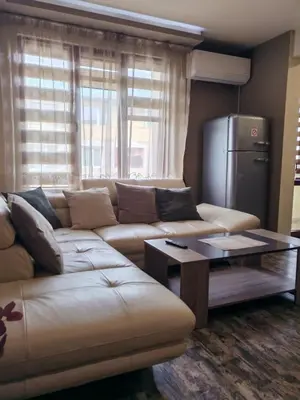 a living room with a couch and a refrigerator at Heart of Pernik apartment in Pernik