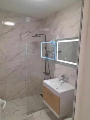 a bathroom with a sink and a glass shower at The white suite in Sofia