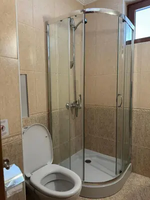 a bathroom with a toilet and a glass shower at Grand Monastery Private Apartment in Pamporovo in Pamporovo