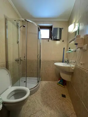 a bathroom with a shower and a toilet and a sink at Grand Monastery Private Apartment in Pamporovo in Pamporovo