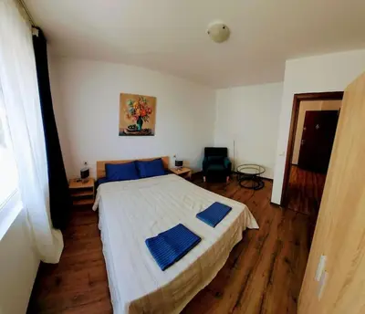 a bedroom with a large bed with blue pillows on it at Aпартамент-София/ Newhome lux apartment in Sofia