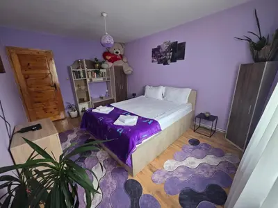 a bedroom with a bed and a purple wall at Guest House Freya in Beli Iskar