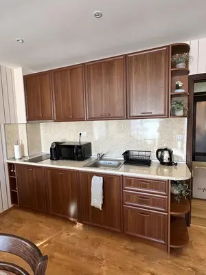 a kitchen with wooden cabinets and a sink at ELEA Apartment Mountain Lodge Pamporovo in Pamporovo