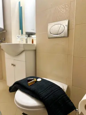 a black towel sitting on a toilet in a bathroom at IZ VIEW Apartment in Bansko