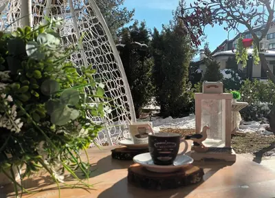 a ferris wheel with a cup of coffee on a table at Garden apartment Aspen Suites A008 in Bansko