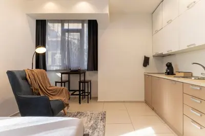 a kitchen and living room with a bed and a table at Victor Hugo Studio in Sofia