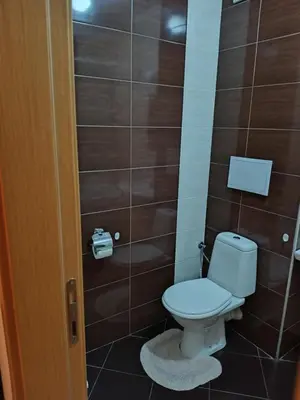 a bathroom with a toilet and a wooden wall at Pravets spa resort apartments in Pravets