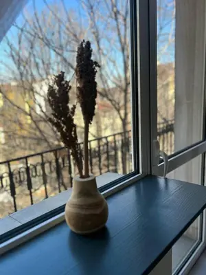 a vase with flowers sitting on a window sill at Pirostka Vintage Room in Sofia