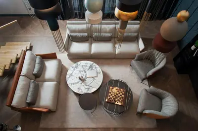 an overhead view of a living room with couches and tables at Alpine Bell Villa in Banya