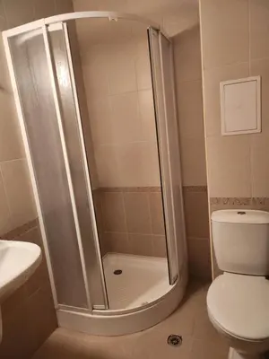 a bathroom with a shower and a toilet at One bedroom Apartment in Bansko