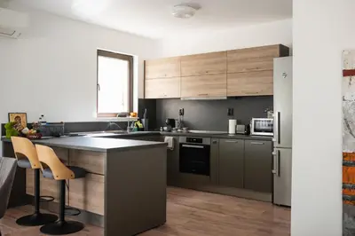 a kitchen with stainless steel appliances and wooden cabinets at Вила Маунтайн Вю in Brestnik