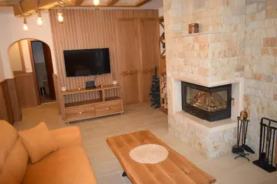 a living room with a couch and a fireplace at Супер луксозен апартамент в Winslow in Bansko