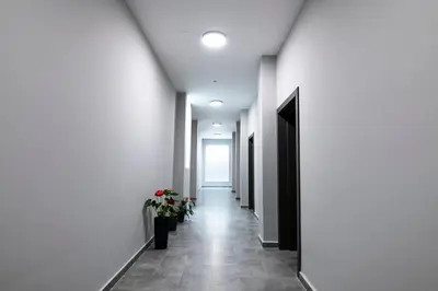 a hallway with white walls and a hallway with a plant at Apartmenthaus Oborishte in Panagyurishte