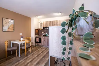 a kitchen and living room with a table and a dining room at Cozy Homes 1 in Sofia