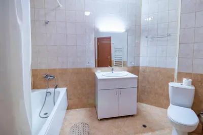 a bathroom with a toilet and a sink and a bath tub at Charming one bed apartment 423 in main Flora building in Borovets