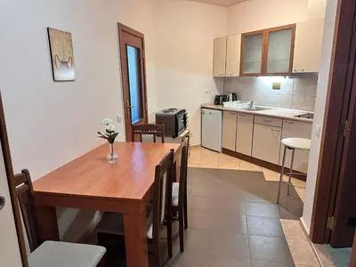 a kitchen and dining room with a wooden table at Charming one bed apartment 423 in main Flora building in Borovets