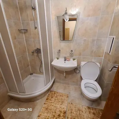 a bathroom with a toilet and a shower and a sink at The Castle Bonko in Pamporovo
