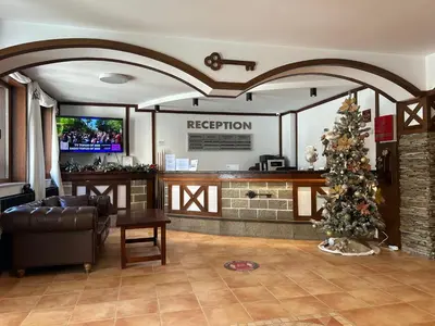 a living room with a christmas tree and a television at The Castle Bonko in Pamporovo
