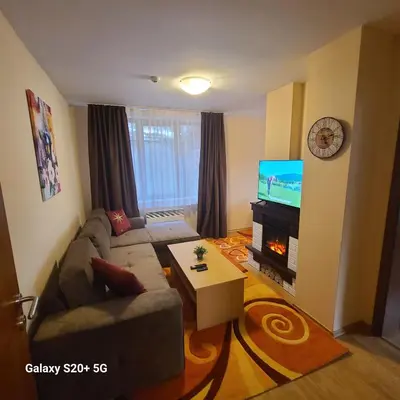 a living room with a couch and a tv at The Castle Bonko in Pamporovo