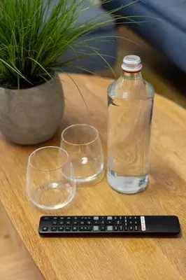 a remote control and two wine glasses on a table at Luxury room 12-3 in Plovdiv