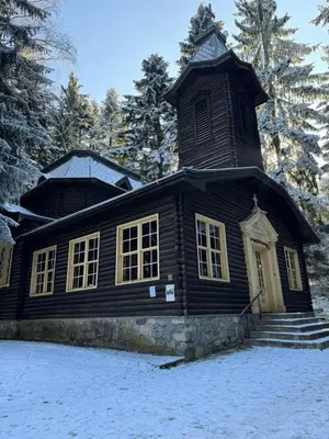 a large wooden building in the snow with trees at Forest Apartment/ Villa Park in Borovets