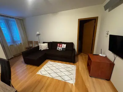 a living room with a black couch and a television at Forest Apartment/ Villa Park in Borovets