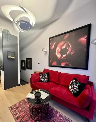 a living room with a red couch and a large screen at Flower house 9 in Sofia