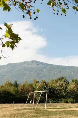 a swing set in a field with a mountain in the background at Cappuccino apartment in Sofia
