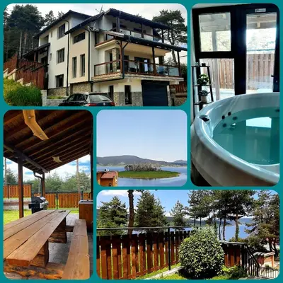a collage of photos with a house and a bath tub at Rodopi Guest House in Tsigov Chark
