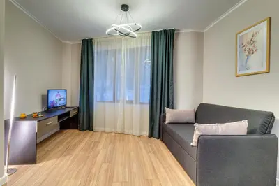 a living room with a couch and a television at Dream View Apartments in Pamporovo