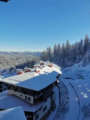 a house covered in snow next to a river at The Golden Nest - 3 Bedroom Family Mountain Apartment in Pamporovo