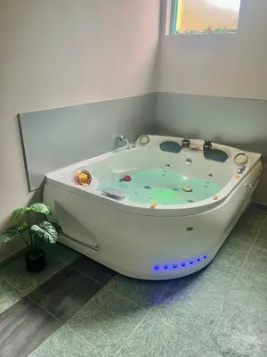 a white bath tub in a bathroom with a plant at Хотел Дикас in Smolyan
