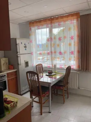 a kitchen with a table and chairs and a refrigerator at Апартаменти Viviana in Plovdiv