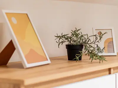 a plant sitting on a table next to a mirror at Skyline Studio - Sofia Center in Sofia