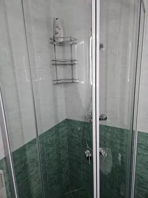 a shower with a glass door and green tile at Стаята на Ив in Bansko