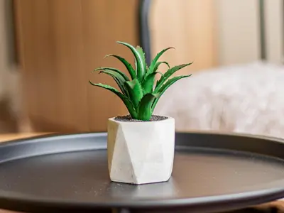 a green plant in a white pot on a table at Serdika Loft - Central Sofia Studio in Sofia