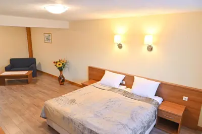 a hotel room with a bed and a chair at Къща за гости ГРАНИТ in Bansko