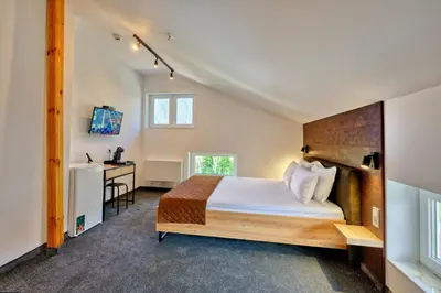 a bedroom with a bed and a desk in a room at Sakutski House in Hisarya