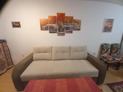 a couch in a living room with paintings on the wall at Апартамент 9 in Pamporovo