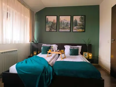 a bedroom with two beds with green walls at Happy Stay 100mfrom Gondola with free Bottle of Wine and free Parking in Bansko