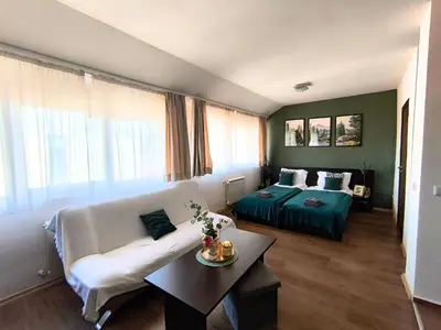 a living room with a couch and a bed at Happy Stay 100mfrom Gondola with free Bottle of Wine and free Parking in Bansko