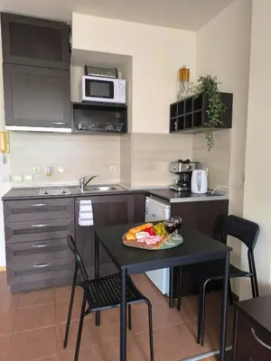 a kitchen with a table with a plate of fruit on it at Happy Stay 100mfrom Gondola with free Bottle of Wine and free Parking in Bansko