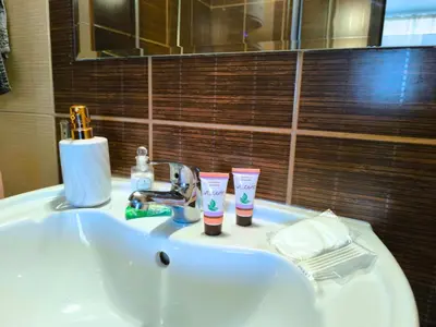 a bathroom sink with two toothbrushes and cups on it at Happy Stay 100mfrom Gondola with free Bottle of Wine and free Parking in Bansko