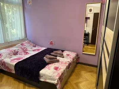 a bedroom with a bed with a mirror and purple walls at Luxury Oasis in absolute Center of Sofia in Sofia