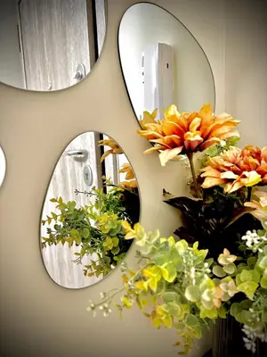 two mirrors on a wall with flowers and plants at View in Petrich