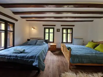 a bedroom with two beds and windows at Vila Anna in Ribarica