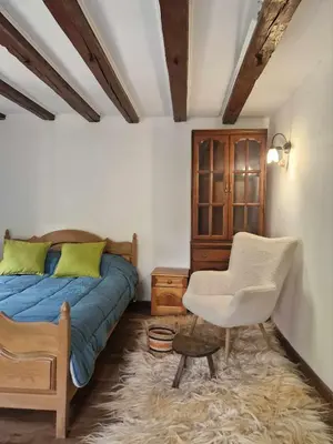 a bedroom with a blue bed and a chair at Vila Anna in Ribarica