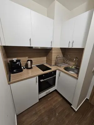 a small kitchen with white cabinets and a sink at Borovets gardens Studio A12 in Borovets